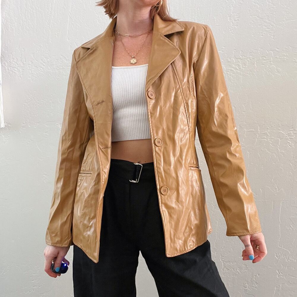 Vintage Y2K Tan Leather Blazer Style Fitted Button Up Jacket